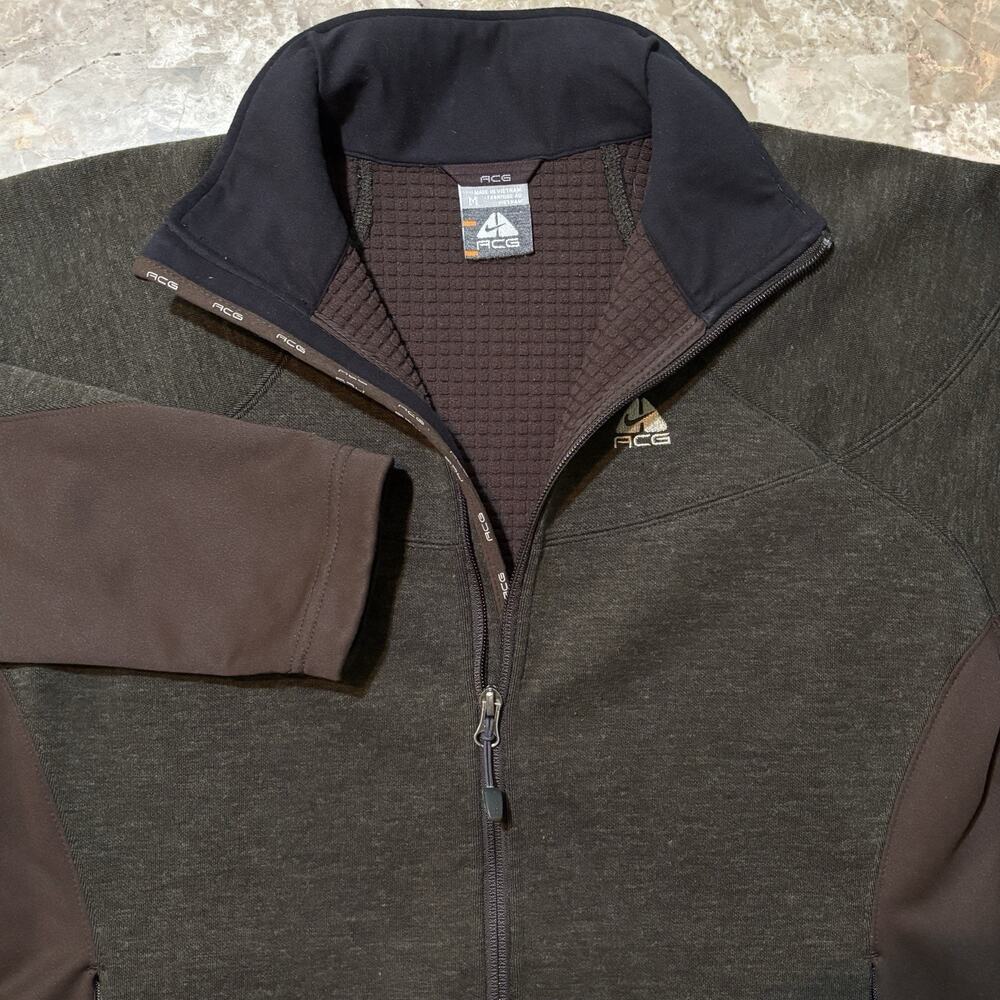Vintage Nike ACG Jacket Mens Medium Brown Grid Fleece Full Zip Hiking Y2K